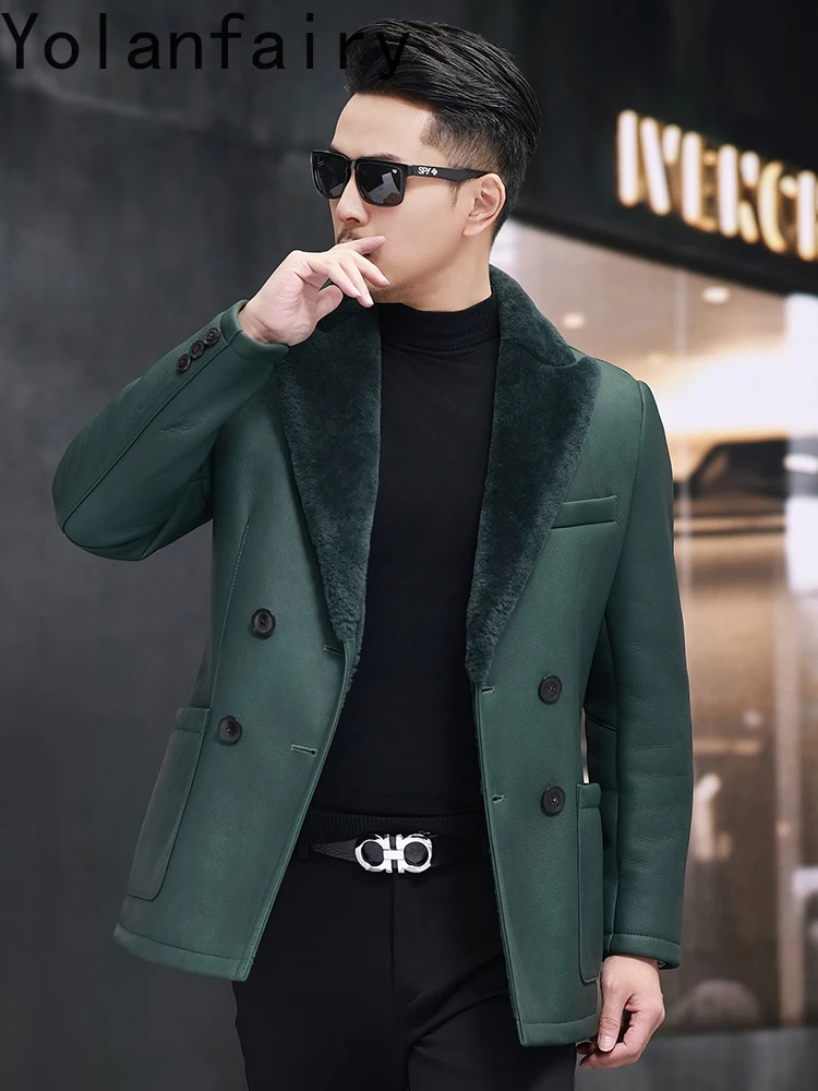Yolanfairy jaquetas de pele de carneiro originais de alta qualidade para homens inverno casaco de pele de cordeiro merino verde escuro jaqueta de couro genuíno