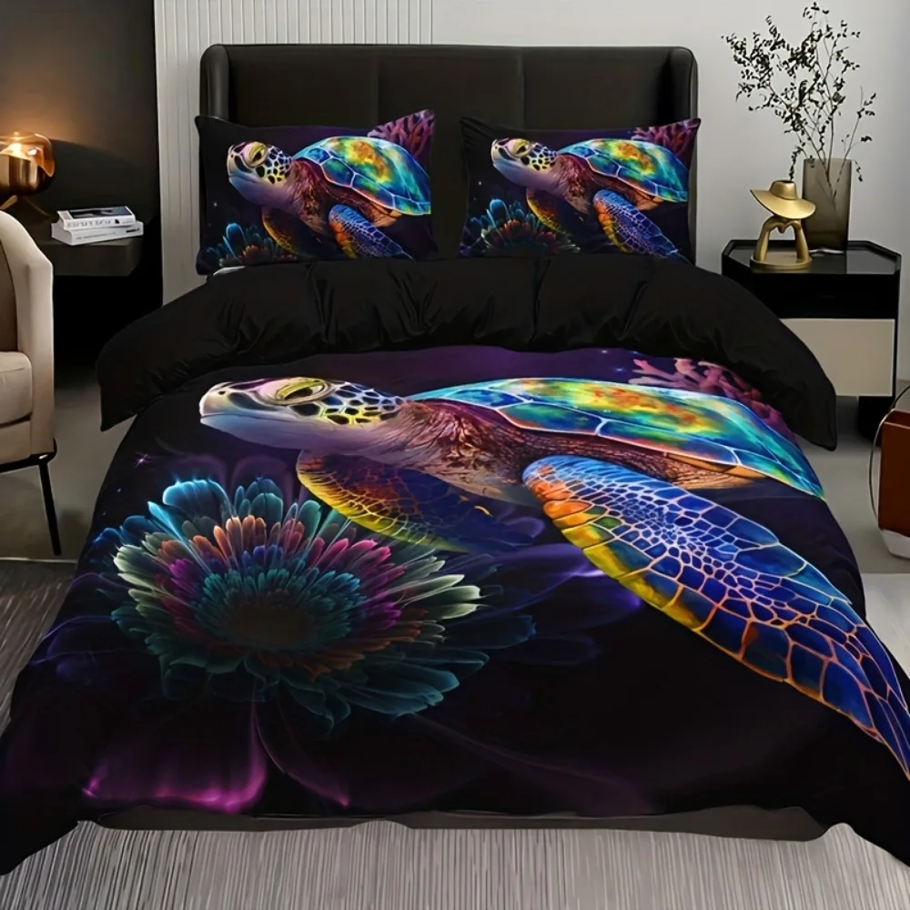 3pcs Black Bedding Set Colorful Sea Curtles Printed Cozy Duvet Cover Set King Queen Twin Single Size Birthday Gift Bedroom Decor
