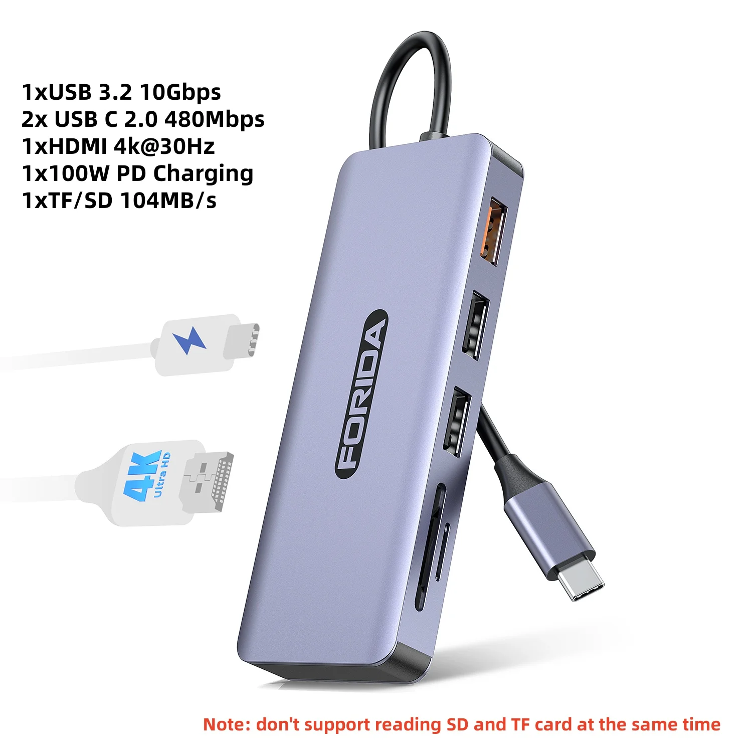 Forida 7 Ports USB C Hub 3.2 Up to 10Gbps HDMI Adapter 100W PD SD/TF USB Hub for   MacBook Pro/Air Laptop iPhone 15/15Pro