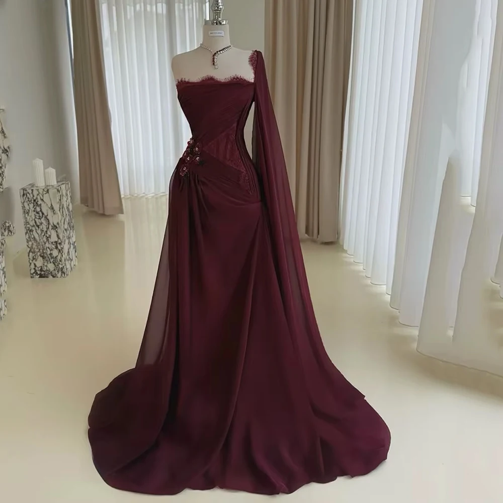 

Customized Burgundy Chiffon Evening Dress Strapless A Line Sweap Train Prom Gowns Saudi Arabia Formal Occasion Dress