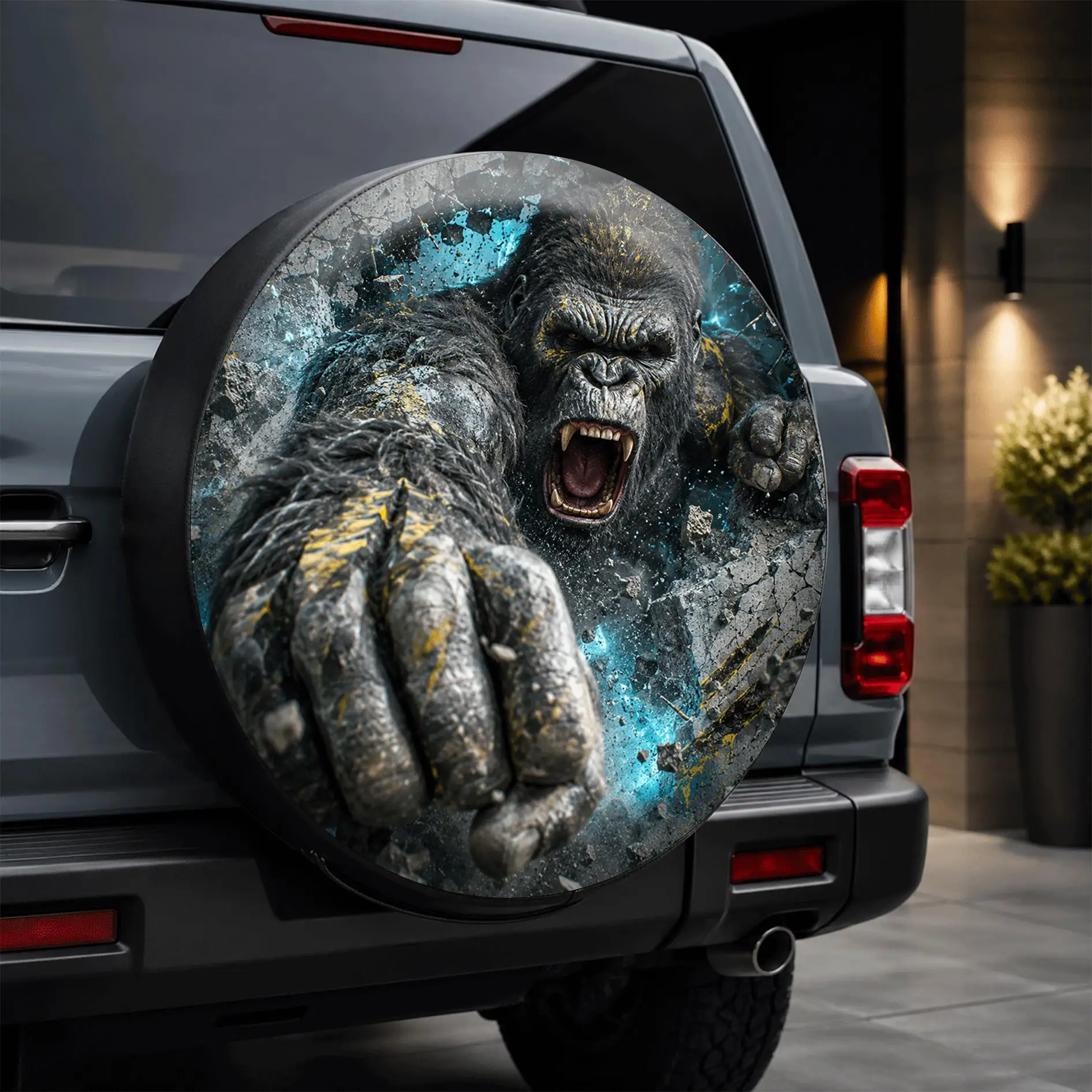 1pc Cool King Kong Themed Printed Pattern Car Tire Cover, Stylish Universal Wheel Hub Protector, Spare Tire Protection, Featurin