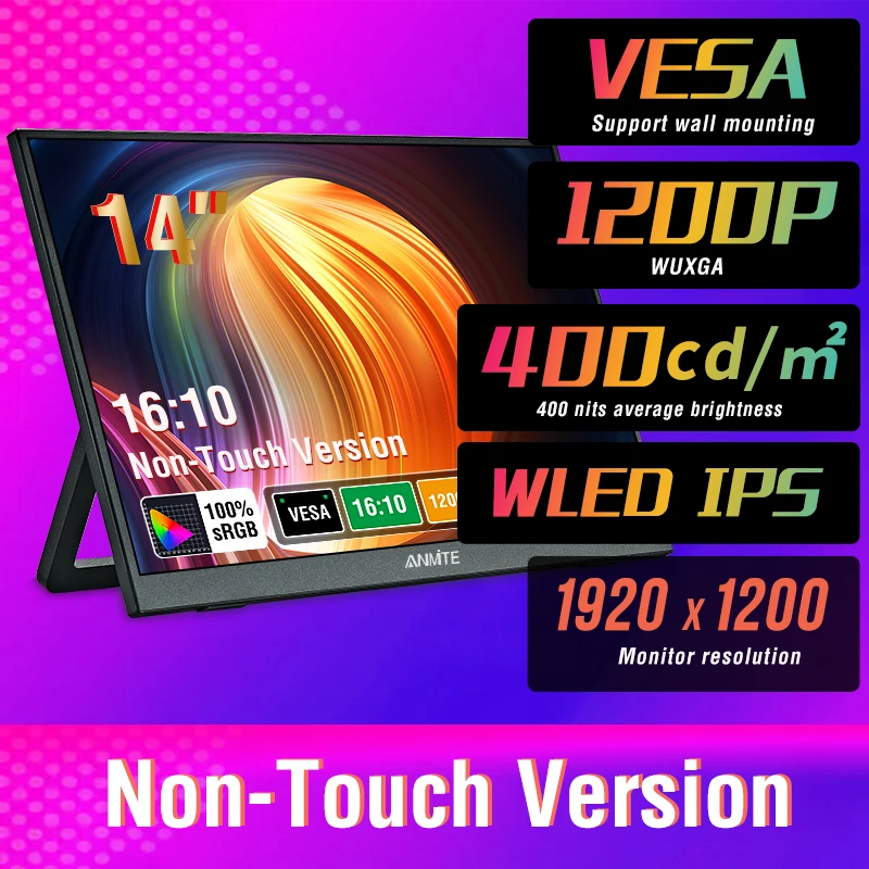 14 Inch Portable Touch Monitor Non-touch optional 16:10 400cd/m2 Gaming Computer Expand Display For XBox PS4/5 Switch Loptop