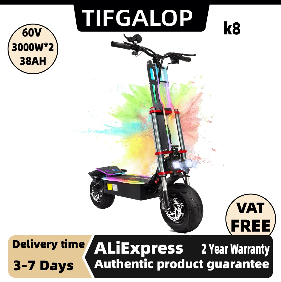 

Электросамокат TIFGALOP K8 для взрослых, складной, с двумя моторами 3000 Вт, аккумулятор 60В38Ач, городской электросамокат, 12-дюймовые широкие шины, электроскутер для горной местности