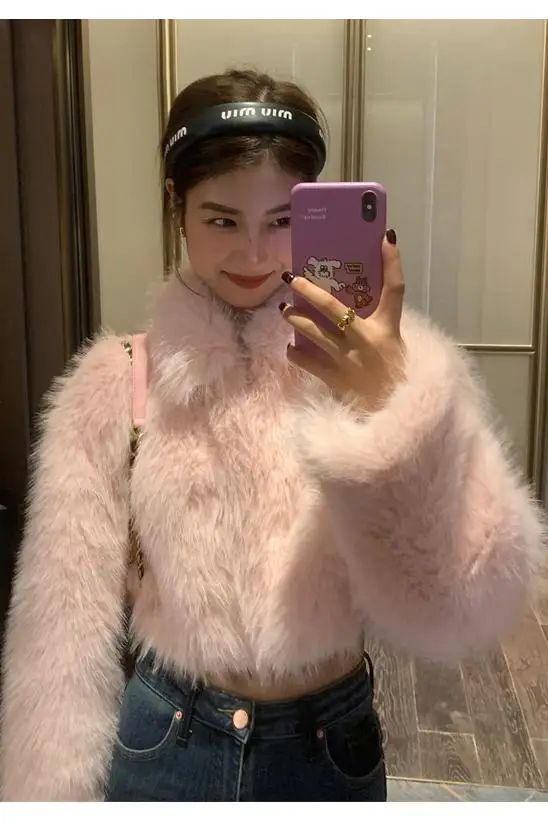 Winter Warm Short Cut Faux Fur Coats Women Long Sleeves Turn Down Collar Sweet Girls Pink Faux Fur Coat Wedding Fur Cape Jackets