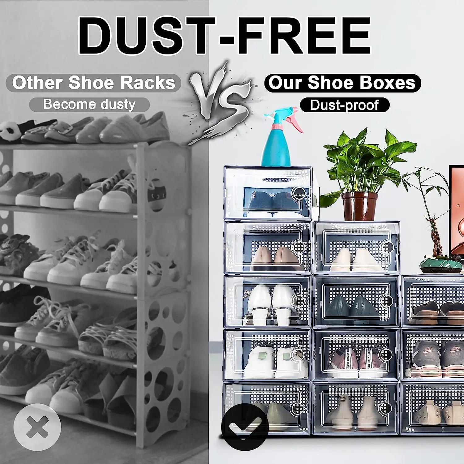 Clear Plastic Stackable Shoe Box 12 Pack, Transparent Hard Container, Easy Assembly, Sturdy Space Saving, Grey Frame, Customized