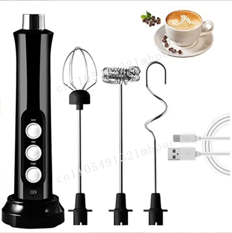 

New 3-in-1 rechargeable milk frother handheld foam machine with charging rack and 3 stainless steel egg beaters