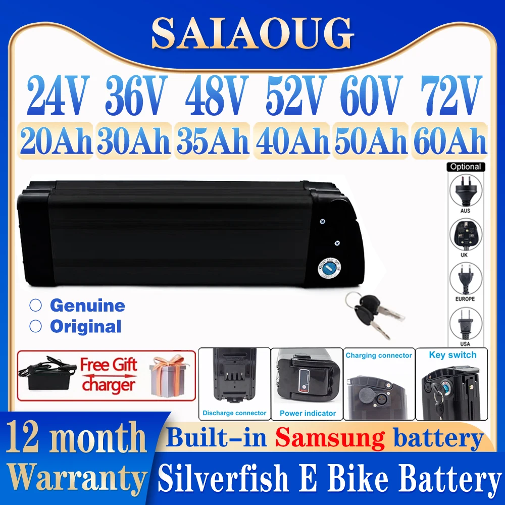 

24V 36V 48V 52V 60V 72V Original Ebike battery 300-3000W Silverfish Battery 60ah 50ah 40ah 30ah 20ah Battery Pack Bafang+Charger