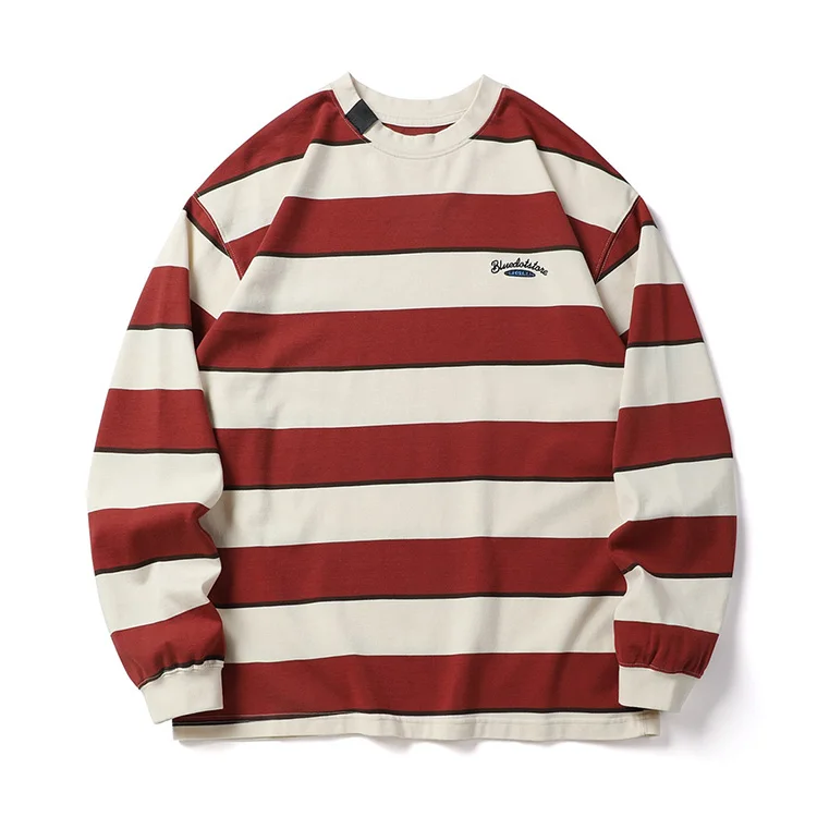 

100% Cotton Custom-Woven & Yarn-Dyed Heavyweight 350gsm T-Shirt Men's Drop Shoulder Oversized Top Bold Stripes Embroidery Autumn