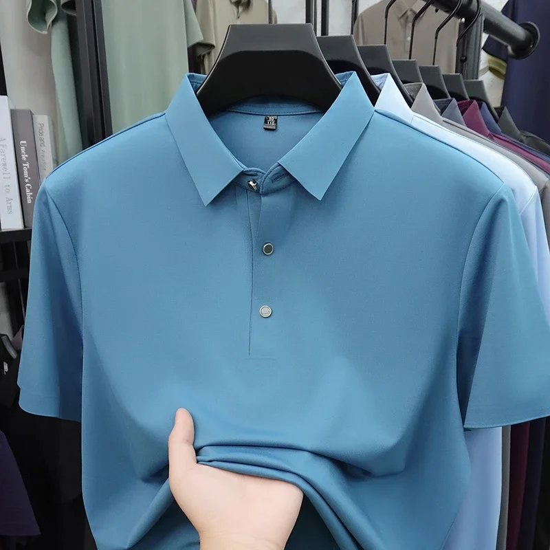 Men's Solid Color Ice Silk Polo Shirt Smooth Breathable Fabric Short Sleeve Lapel Top For Business And Daily Wear