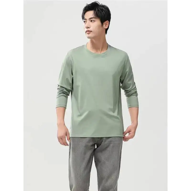 

Men Long Sleeve Silk T-shirt Spring 7%Silk,62%Cotton Round Neck Breathable Bottom Shirt Basic Tops