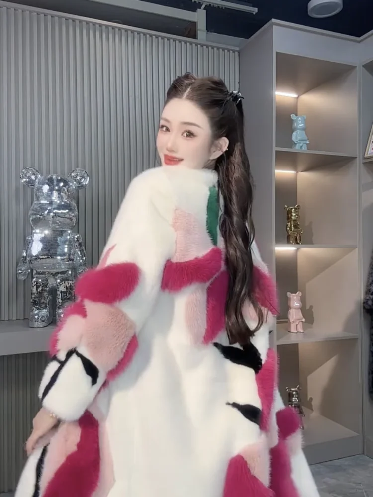 2025 Winter New Faux Fur Coat Women Mid-Length Round Neck Over-the-Knee Faux Mink Fur Coat Women Winter Jacket