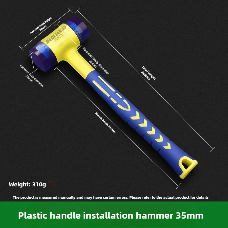 1 dubbelkoppige installatiehamer, 25 mm tot 45 mm rubberen hamer met rubberen handgreep, afneembare geïsoleerde installatiehamer