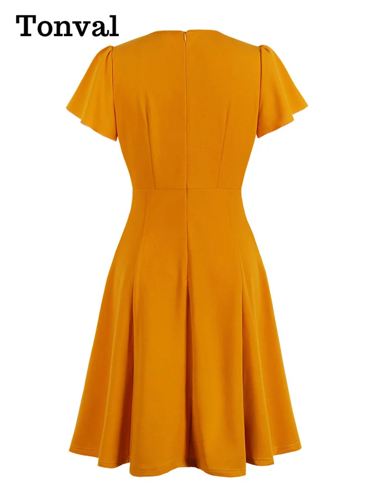 Tonval Vintage Bow Tie Neck High Waist Orange Dresses for Women Short Sleeve Elegant Cocktail Fit and Flare Summer Party Dress