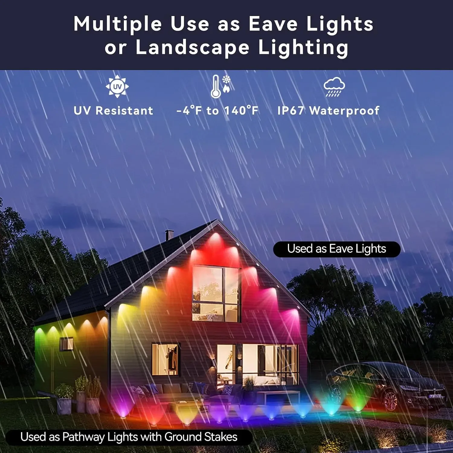 Upgrad Permanent Outdoor Lights Landscape Path Lights 101FT 72L App&Remote contorl Adapter Power for Garage Porch Roof Eaves Fen