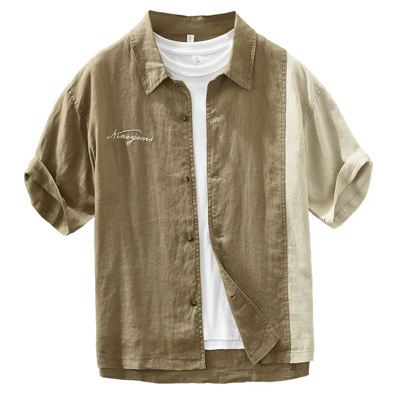 2785 100% Linen Patchwork Shirt Men\'s Summer New Fashion Short Sleeve Vintage Loose Casual Thin Breathable Cozy Blouse Daily Top