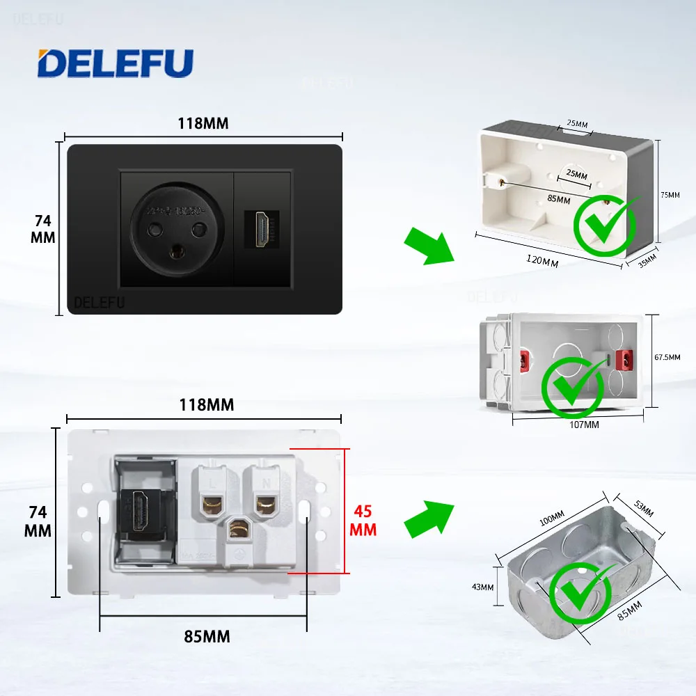 DELEFU Black Retardant PC Israel USB Type C Fast Charging Wall Socket Light Tuya Wifi Smart Switch Sat TV Tel Doorbell Curtain