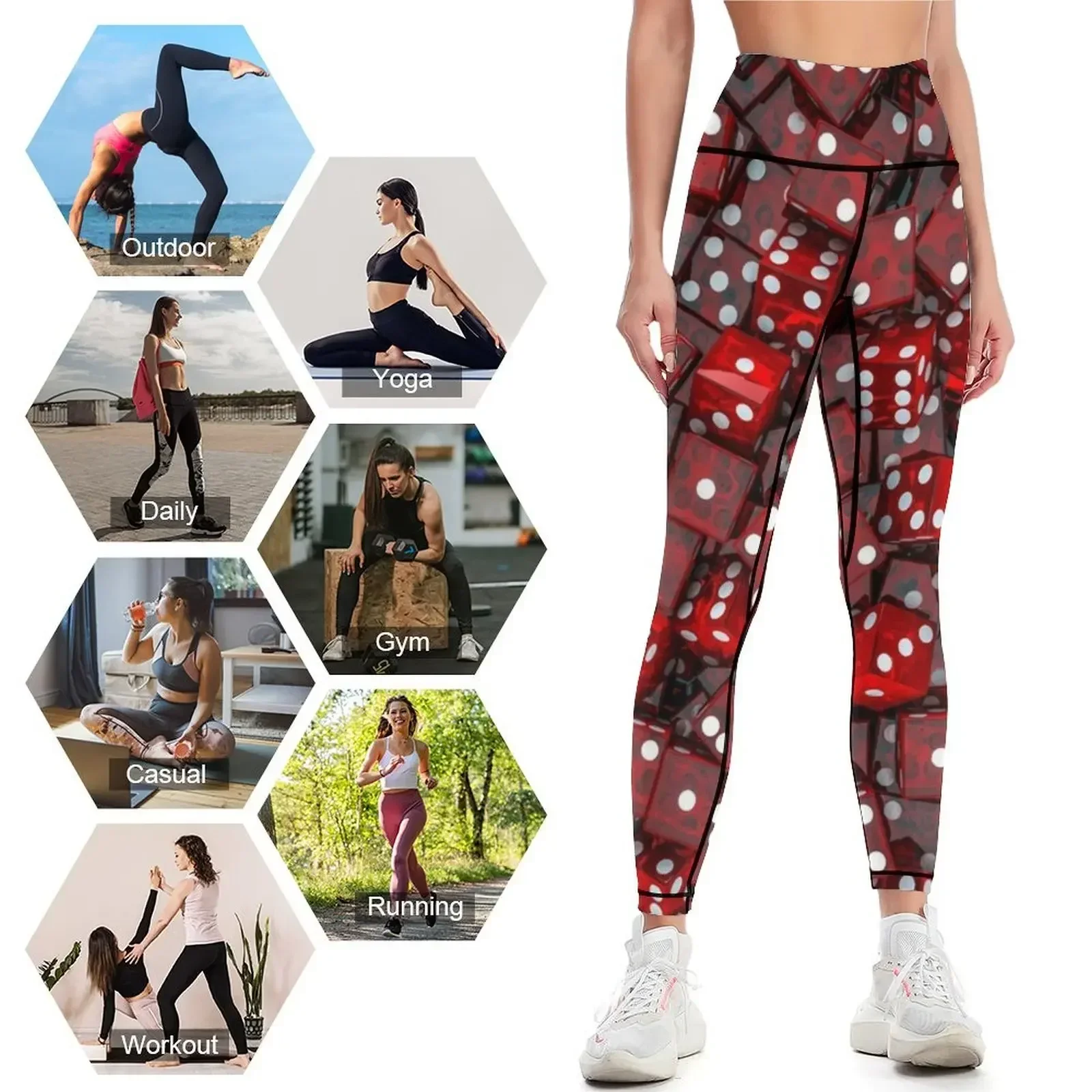 Legginsy damskie z nadrukiem czerwonych kostek do gry, model push-up, z wysokim stanem, modelujące pośladki, odzież fitness, legginsy damskie.