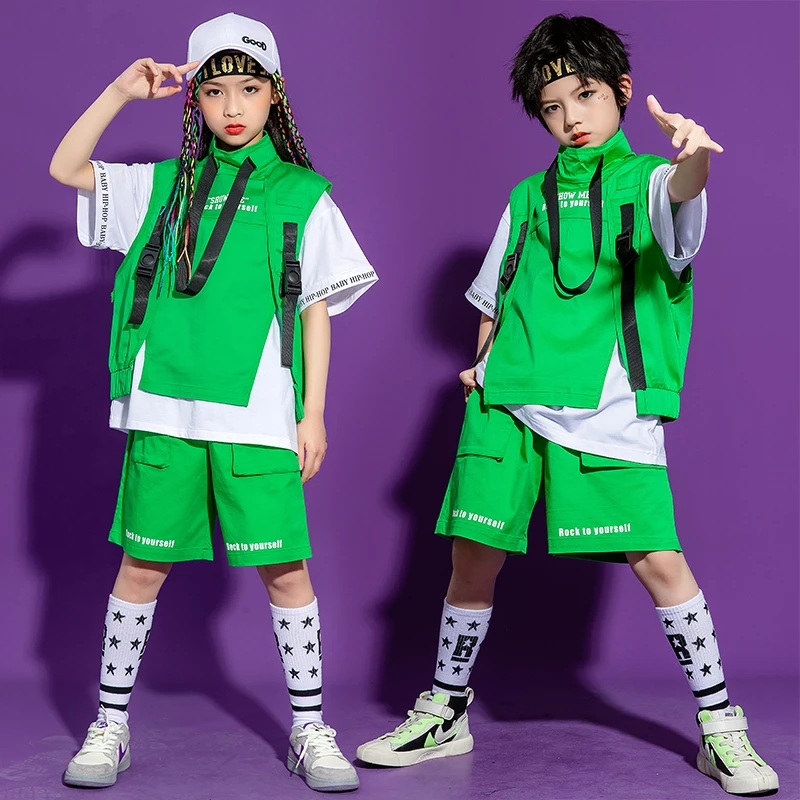 Girls Summer Green Hip Hop Clothes Short Sleeve T Shirt High Neck Vest Cargo Shorts Children Streetwear Jazz Dance Costume 3-16Y