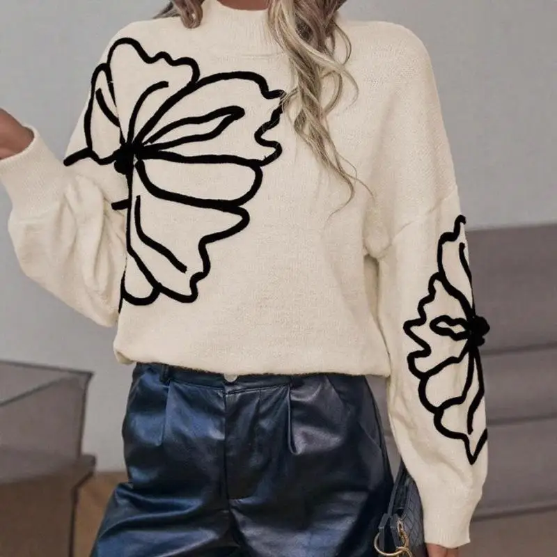 

Women's High Collar Long Sve Knit Sweater Embroidered Large 3D Flower Design Comfortable Regular Fit mid Weight