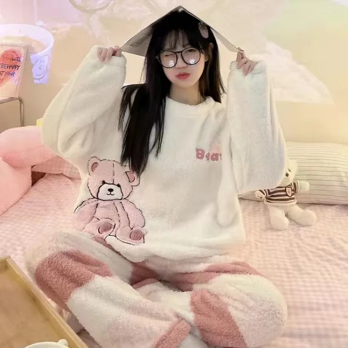 

Thickened Fleece Lined Warm Flannel Pajamas for Ladies Autumn Winter Design with Adorable Cartoon Bear Long Sleeve Pullover