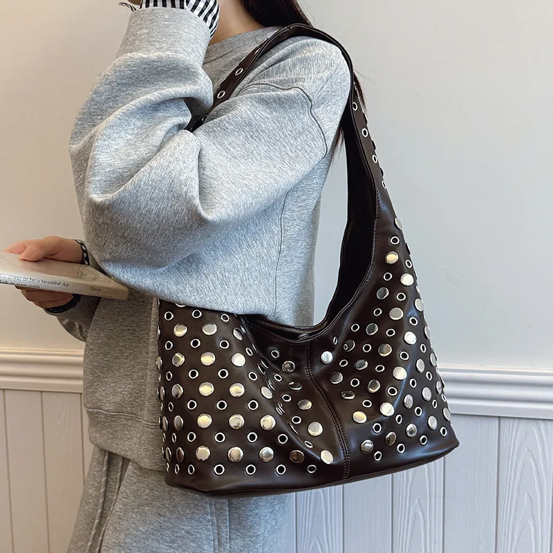 

2025 Polka Dot Studded Shoulder Bag, Edgy Underarm Purse for Women, Niche Tote Crossbody, Urban Day to Night Bag, Textured Sling