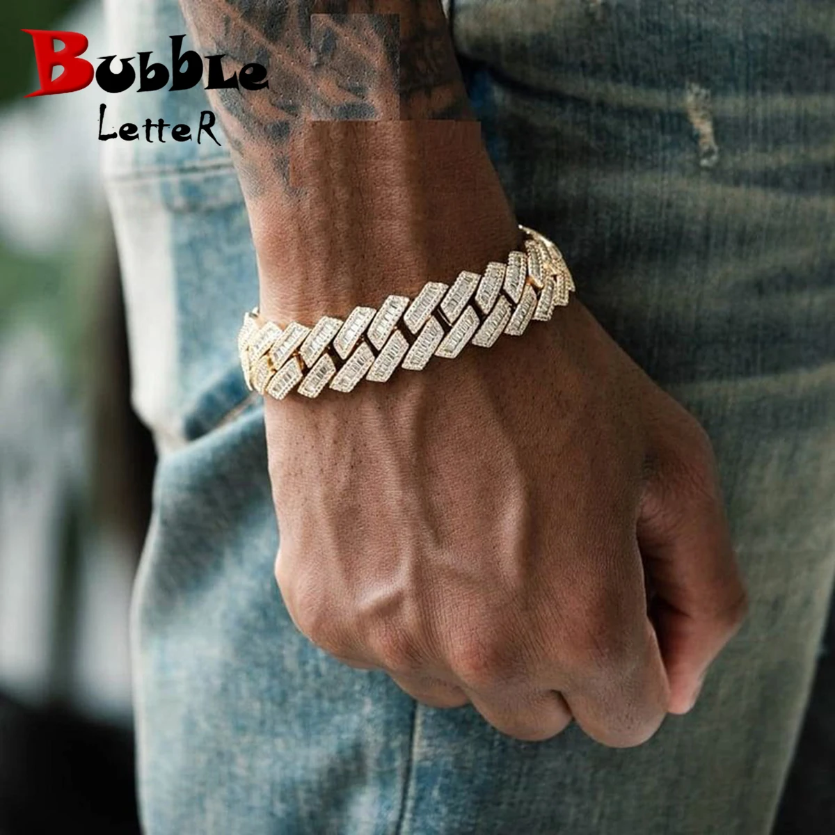 Dubss Cuban Link Chain Bracelet for Men Real Copper Baguette Sharp Hip Hop Jewelry Gift