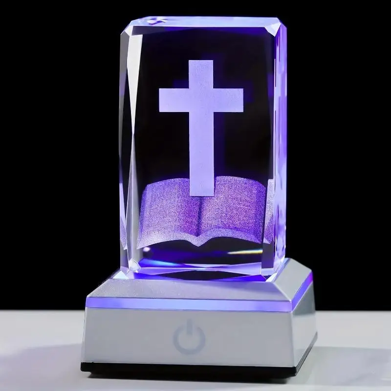 3D Crystal Cross on Bible Multicolor LED Light USB Charging Base Christian Collectible Table Decor Birthday Housewarming Gifts