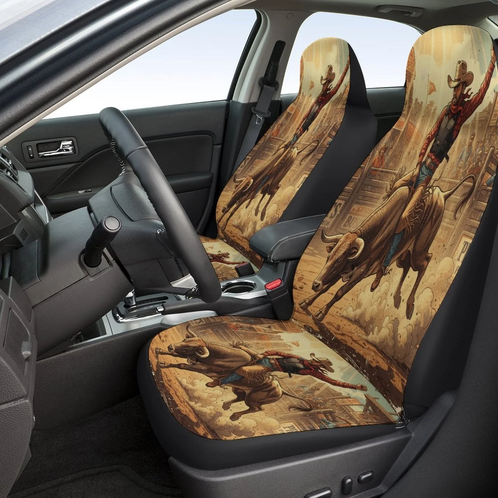 Bull Riding Rodeo Themed Car Seat Cover Set For Most Cars, Trendy High-quality Car Seat Protector Covers Full Set, Universal Car