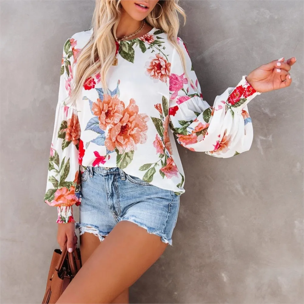 Women Autumn New Printed Pleated Bubble Sleeve Round Neck Pullover Shirt Office Lady Flower Print Long-Sleeved Pullover Blouses