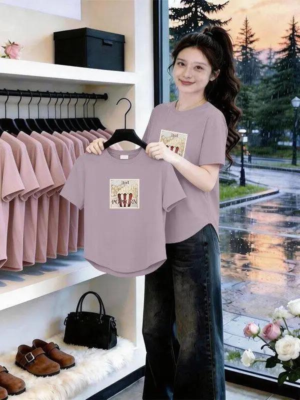 

Fashionable Short Sleeve T-Shirt for Mom Summer New Style Casual Cotton Print Slimming Design Versatile Top for Middle-Aged W...