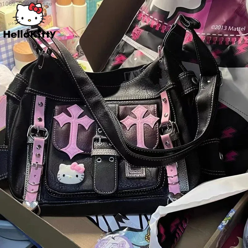 

Sanrio Hello Kitty Gothic Punk Vintage Pink Crossbody Bags for Women Hot Girl Handbag Y2k Trend School Zipper Tote Bag