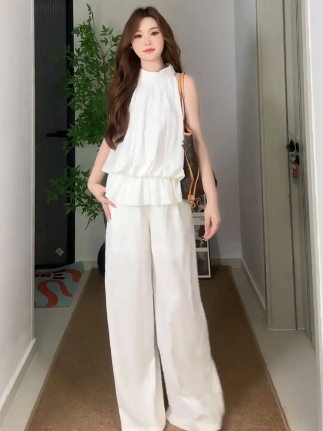 Elegant Pure Neck Hanging Top Women's Summer New Casual Pants Commute Style Set Breathable Loose Fit High Waist Pants