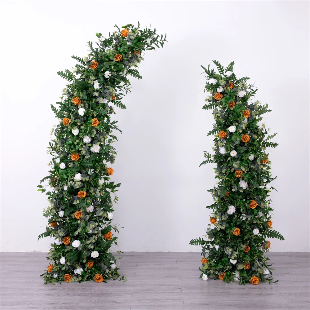 

Floral Arrangement Artificial Green Olive Leaf Ivory White Burnt Orange Rose Flower Row Wedding Backdrop Event Decoration Props