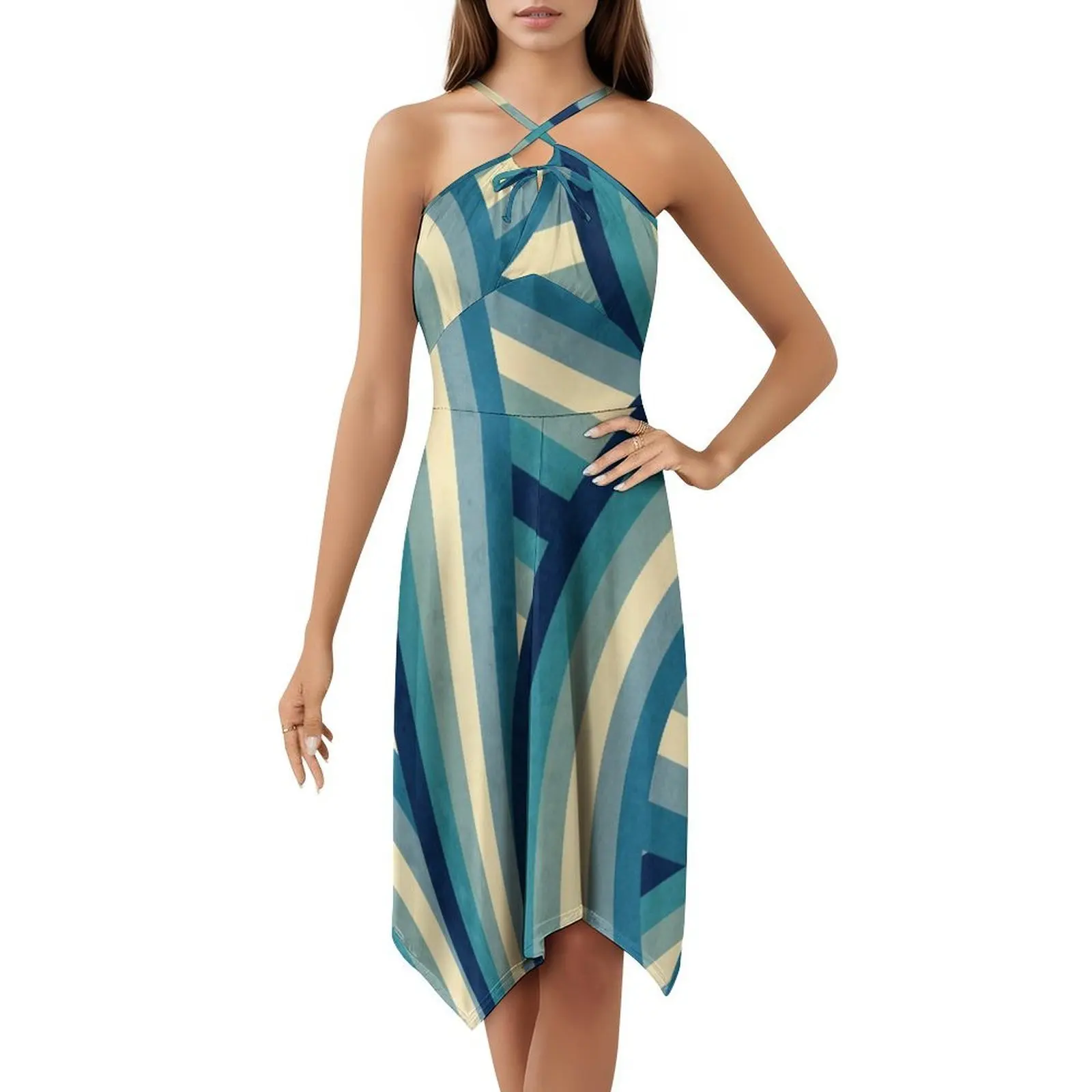 خمر تلاشى 70'S نمط الأزرق قوس قزح المشارب الأزهار سموك فستان للنساء الربيع الصيف فستان كاجوال للحزب كاليفورنيا كالي