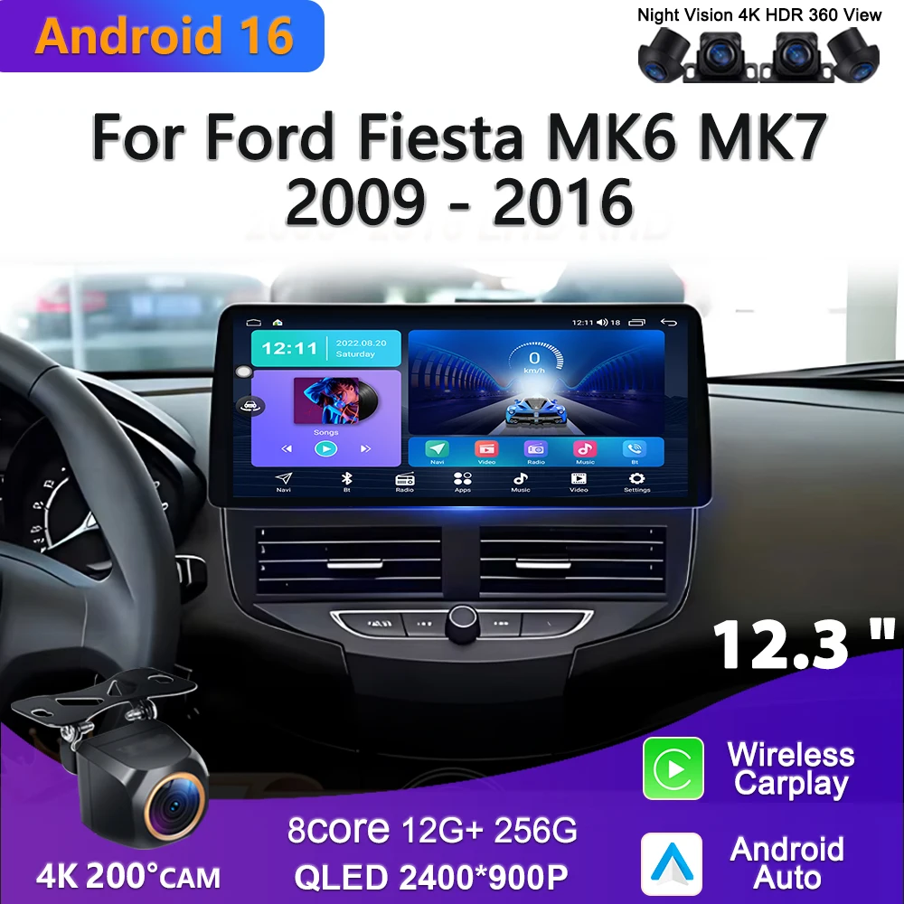 12.3 inch For Ford Fiesta MK6 MK7 2009 - 2016 Android 16 Car Touch Screen Plug and Play GPS Navigation High-performance CPU wifi