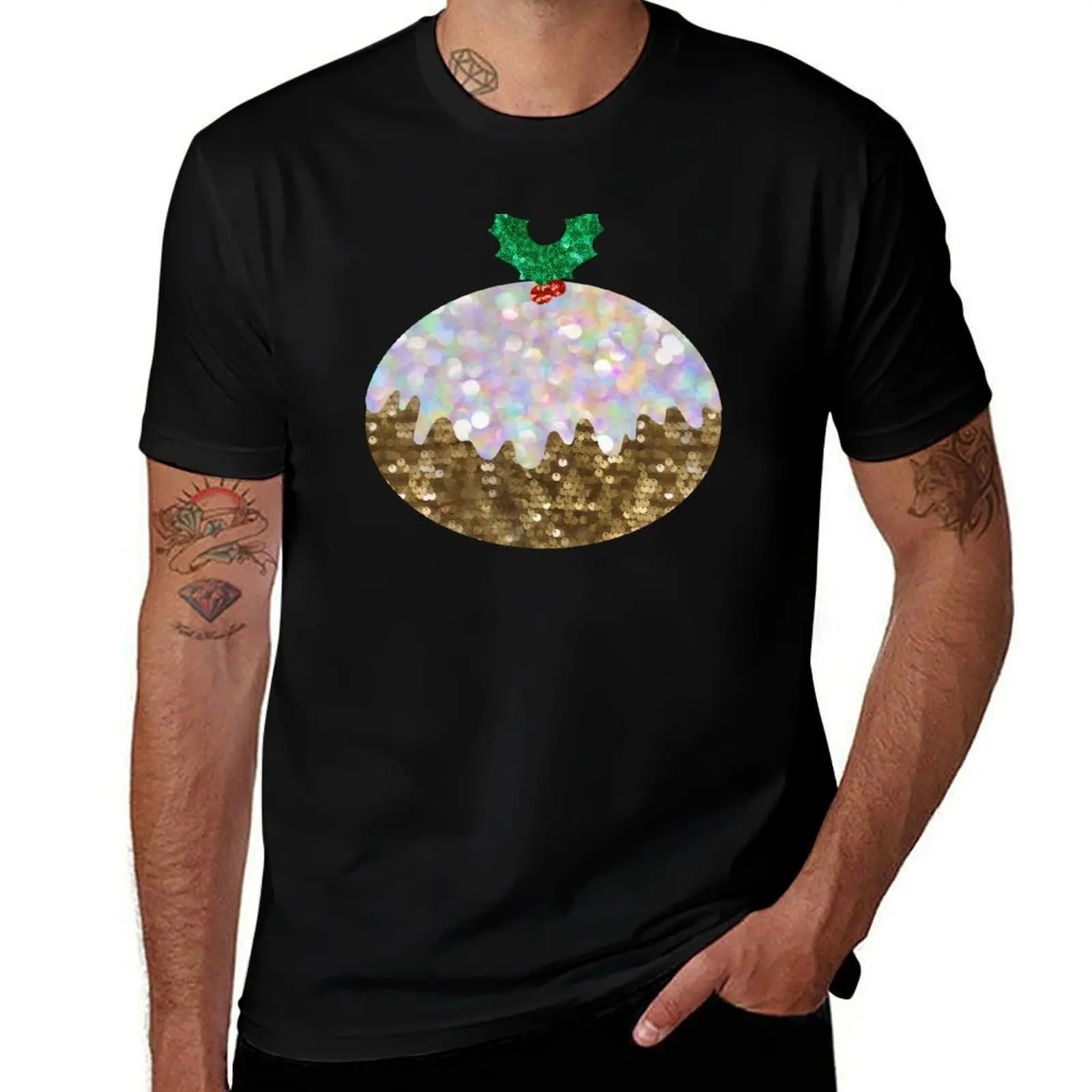 

sequin print christmas pudding T-Shirt Soft Basic Cotton Short Sleeve Tee