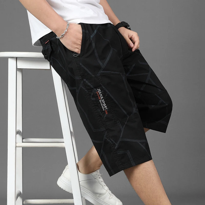 Summer Men\'s Striped Letter High Waist Pockets Printing Elastic Casual Straight Sweatpants Vacation Preppy Style Casual Shorts