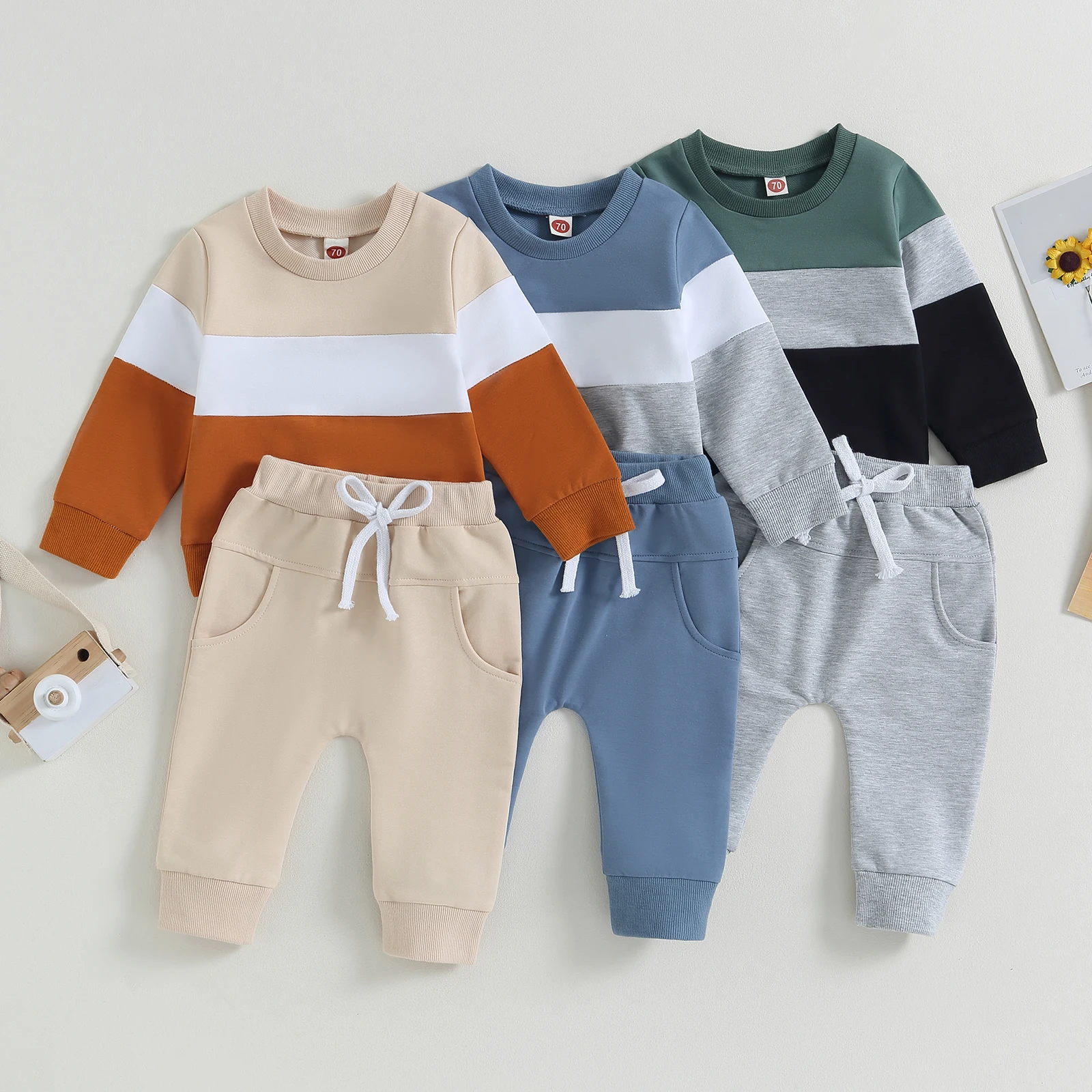 Casual Spring Fall Baby Boy Clothes Set Color Block Sweatshirt Pants Sweatsuit Loose Infant Little Boys Clothing Outfits