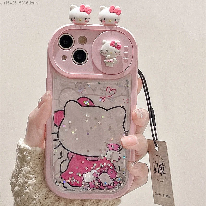 Sanrio Hello Kitty With 3D Doll Toy Quicksand Phone Case For IPhone 15 14 13 12 11 Cover Kawaii Anime New For Iphone Case Women