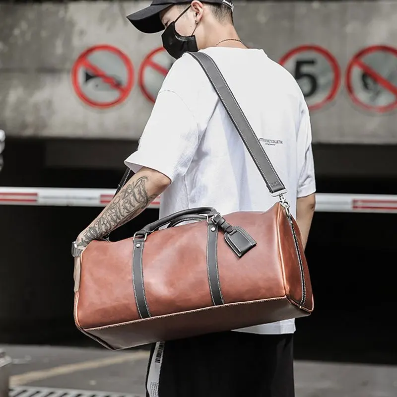 Bolsa de ginástica de couro PU para homens e mulheres, bolsa de ginástica marrom para mulheres, bolsa esportiva para ombro, mochila ao ar livre, 2023