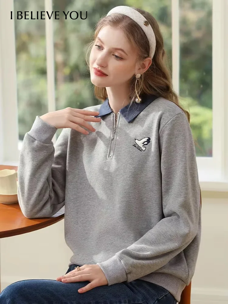 I BELIEVE YOU Woman's Hoodies Winter 2024 New Polo Collar Embroidery Fleece Thick Warm Trendy Cozy Pullovers Lady 2234195442