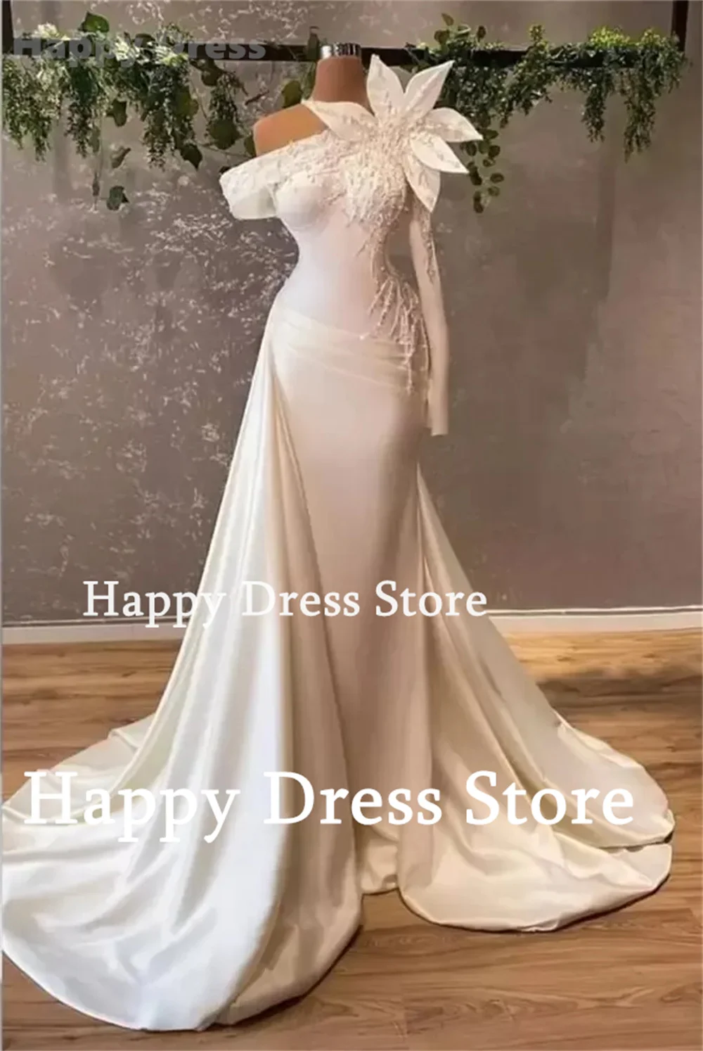 White Wedding Dress One Shoulder Wedding Party Dress Beads Appliques Special Evening Dress Detachable Train Dress Bridal Gown