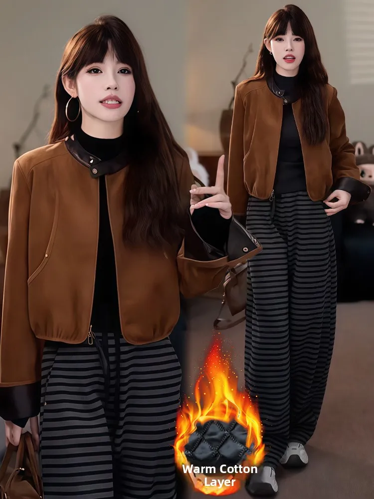 

Thiened Fce Women's Casual Wear Winter Faion Set High Waist Long Pants Warm Cozy Outfit Leisure Sle Zipper Closure