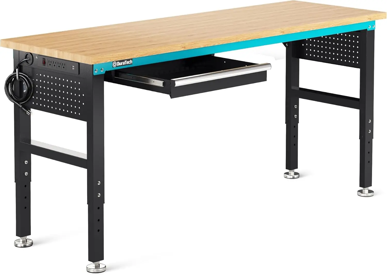 72” Adjustable Workbench, Heavy-Duty Rubber Wooden Top Worktable with a Drawer, 6ft Workstation with Power Strip, Peg Board, 200