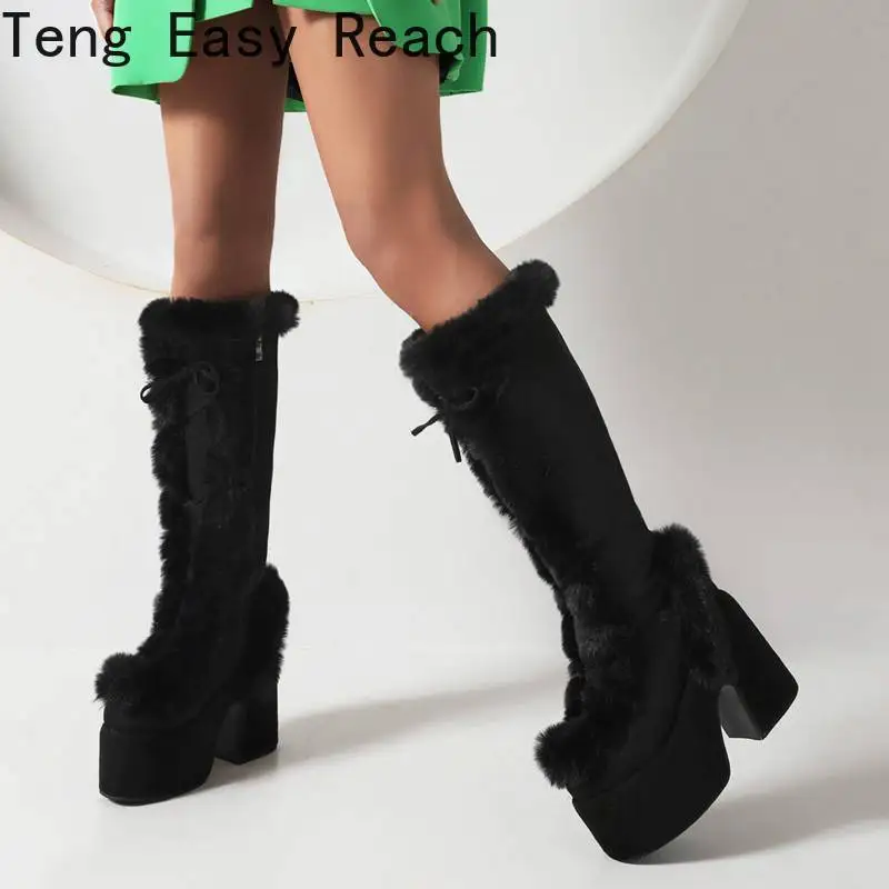 2025 Womens Knee High Boots Round Toe Ultrahigh Heels 17.5cm Platform 7.5cm Fashion Warm Snow Booties 37 38 39 40 41 42 43 44 45