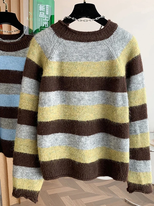 لينة Thiened المرأة سترة الرجعية مخطط اللون بلو محبوك أعلى الخريف الشتاء Faion السيدات كنزة صوفية Crewne #3