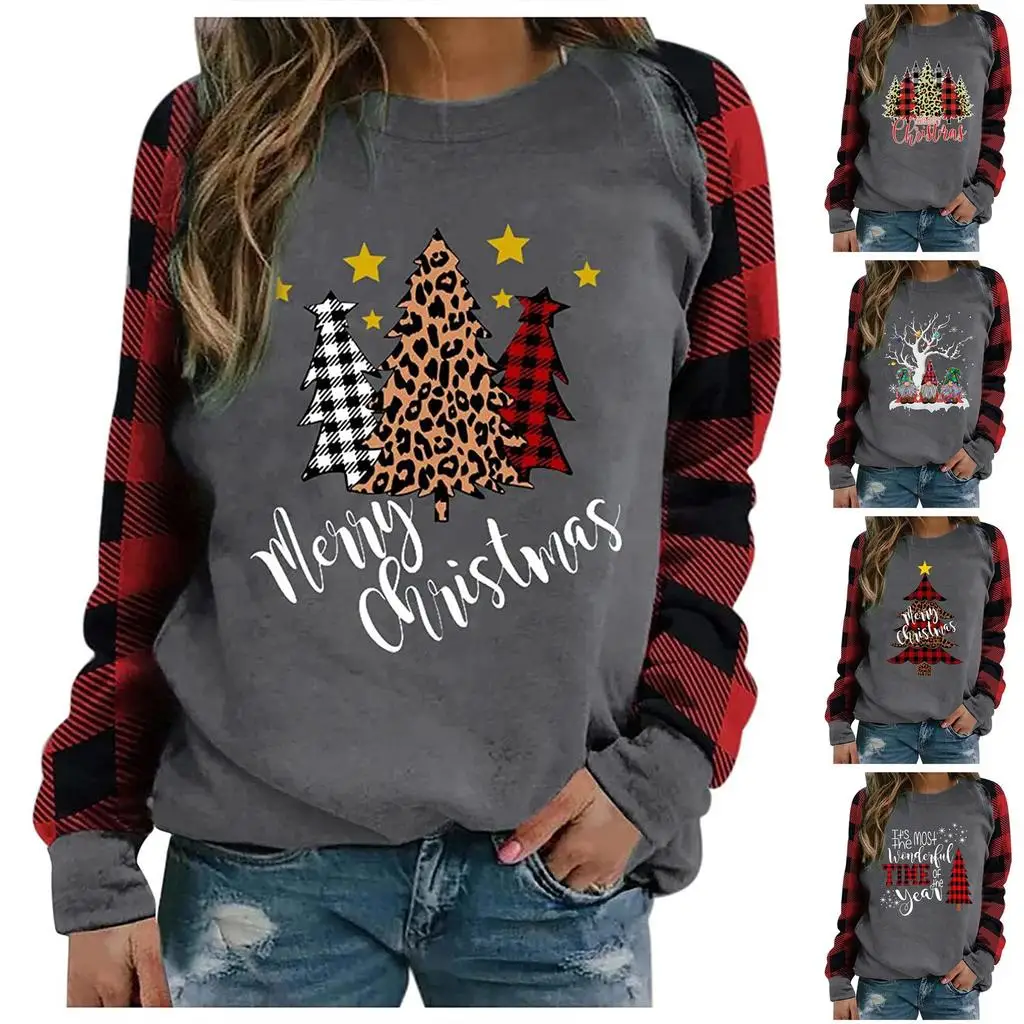 Christmas Women's Sweatshirt Designer Round Neck Long Sleeve Loose Casual Red Plaid Sleeves Stitching Fun Pattern Print Tops