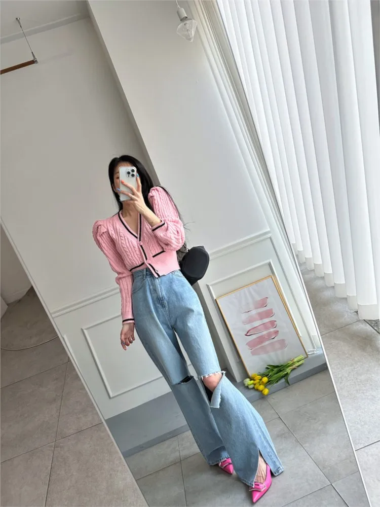 Jeans Sommer hohe Taille lange weites Bein Hose Frauen lose plissierte koreanische Stil Loch Damen Hose lässig Mode Frau Hosen