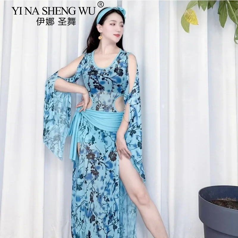 

Костюмы для танца живота, одежда для восточных выступлений, синий принт, марлевый халат с разрезом на рукавах, униформа для группового танца, женский танцевальный наряд