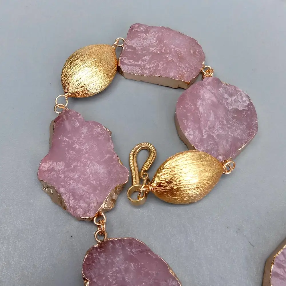 KKGEM 19x26mm Brushed Raw Necklaces 29x32mm Natural Rose Quartz Rough Necklace Gemstone Gold Plated